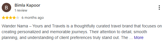 Google review by Bimla Kapoor for Wander Nama Tours